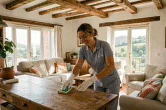 Professionnelle de ménage à domicile dans une maison de style basque dans les Pyrénées-Atlantiques