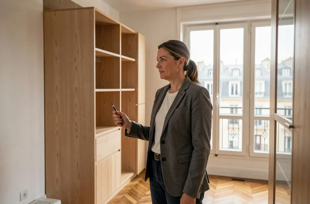 Spécialiste en agencement intérieur supervisant la pose de meubles sur mesure dans un appartement lyonnais pour Menuiserie Labrousse