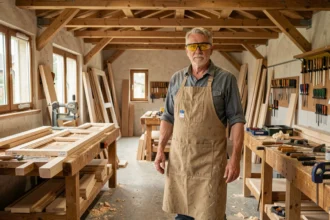 Menuisier professionnel dans un atelier de menuiserie en Auvergne-Rhône-Alpes entouré de bois et d'outils de précision