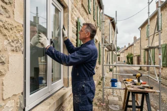 Poseur de fenêtres professionnel installant une fenêtre à double vitrage sur une maison normande en pierre dans le Calvados