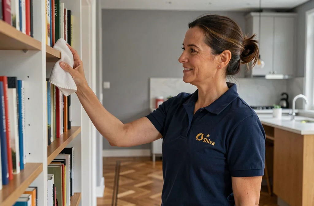 Agent de ménage Shiva en uniforme navy bleu effectuant un dépoussiérage dans un appartement français moderne