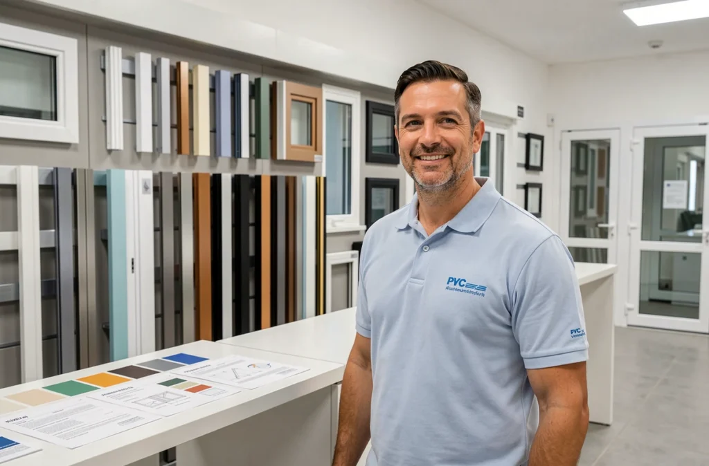 Spécialiste en menuiseries PVC et aluminium dans le showroom TRYBA de Vénissieux présentant des fenêtres sur mesure