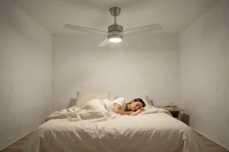Ventilateur de plafond silencieux au-dessus d'une femme endormie dans une chambre minimaliste et apaisante