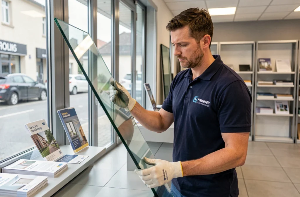 Technicien vitrier manipulant un panneau en verre dans le showroom de Verre Solutions à Caen