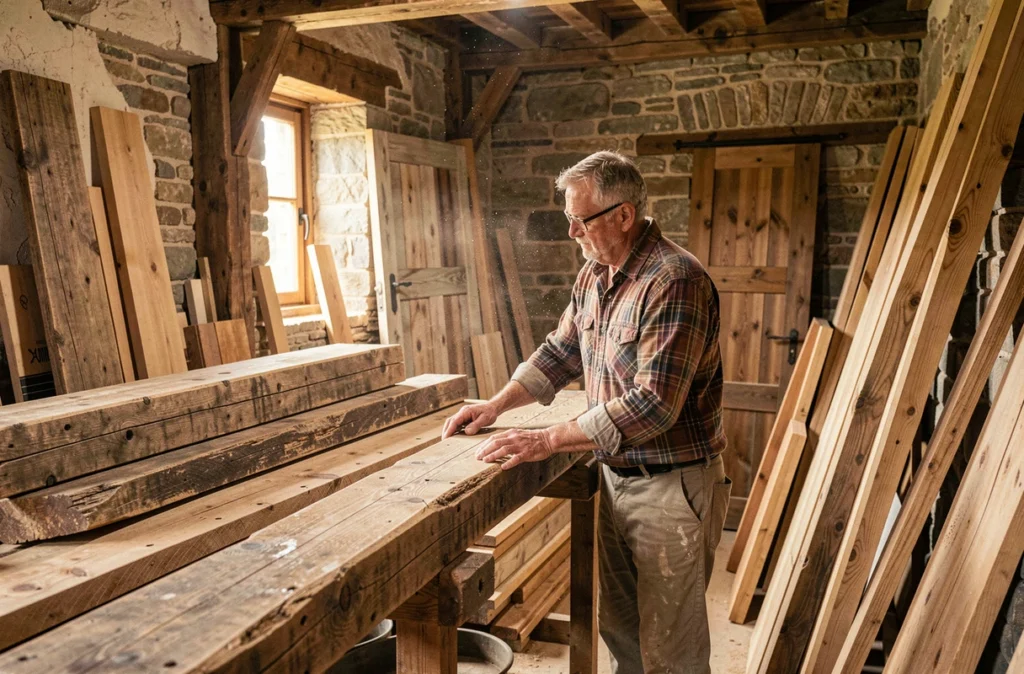 Spécialiste du bois ancien inspectant des poutres de réemploi dans une grange savoyarde pour Vieux Bois Diffusion