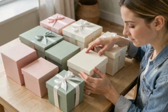 Femme évaluant des boîtes à cadeaux vides de différentes tailles sur une table en bois, comparant qualité et finitions.