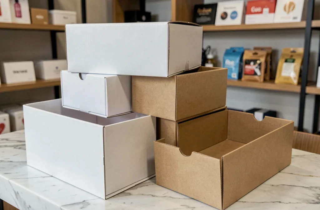 Gros plan sur des boîtes à cadeaux vides ouvertes en magasin, révélant les détails de construction et les défauts potentiels à éviter.
