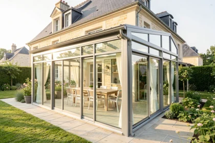 Véranda vitrée accolée à une maison avec jardin